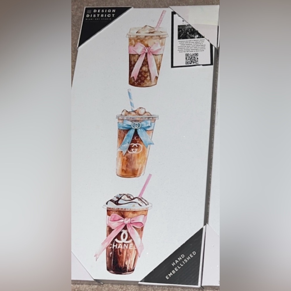 NWT Design District luxury Designer iced coffee cup canvas painting wall art